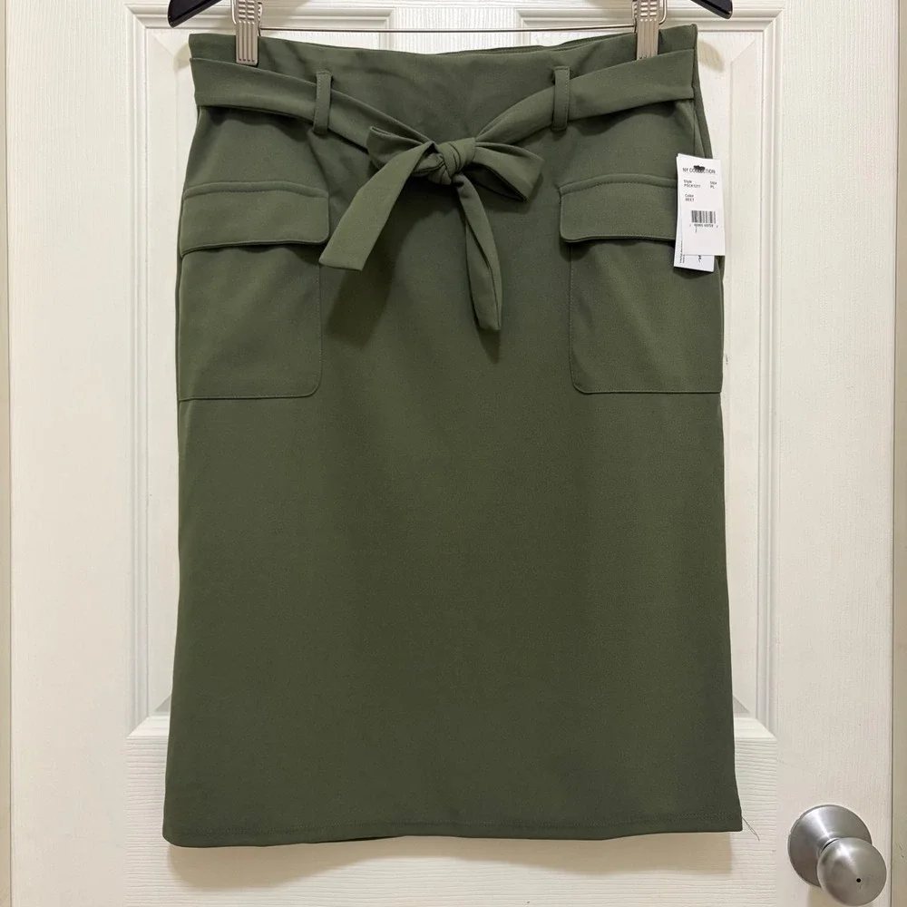 NEW NY Collection Pull On Pencil Skirt Tie Waist Pockets Olive Green Petite L